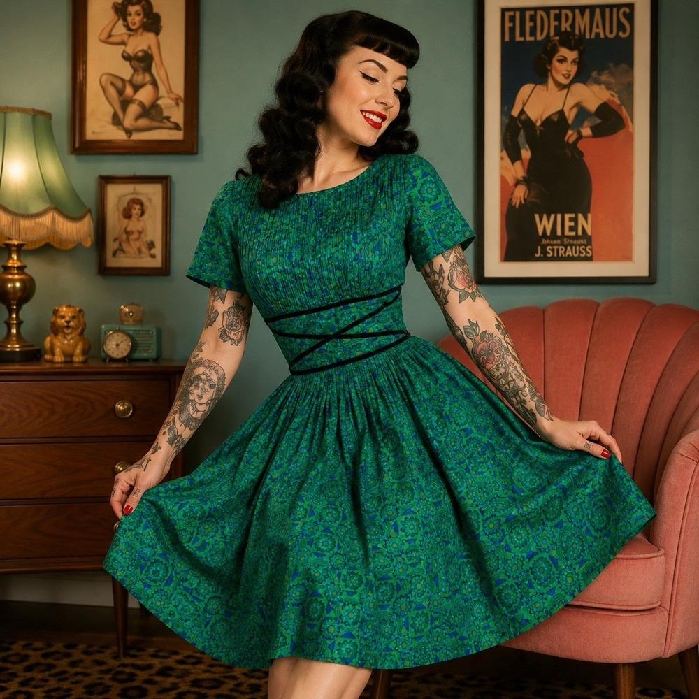 Vintage 1950's Blue Green Cotton Party Dress Size Small Rockabilly Pinup Moody